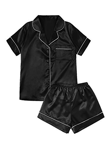 SweatyRocks Women's Short Sleeve Sleepwear Button Down Satin 2 Piece Pajama Set Black Small