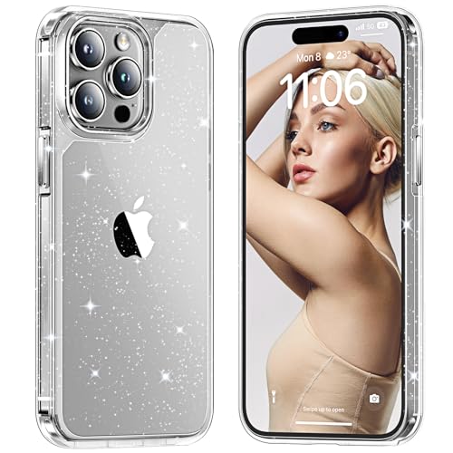 TAURI Designed for iPhone 15 Pro Case Glitter, [Not Yellowing] [Military Grade Drop Protection] Bling Sparkle Shockproof Cute Sparkly Phone Case for iPhone 15 Pro, Glitter Clear, 6.1 inch