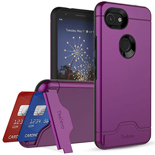 Teelevo Wallet Case for Google Pixel 3a, Dual-Layer Case with Hidden Card Storage and Integrated Kickstand for Google Pixel 3a, Purple