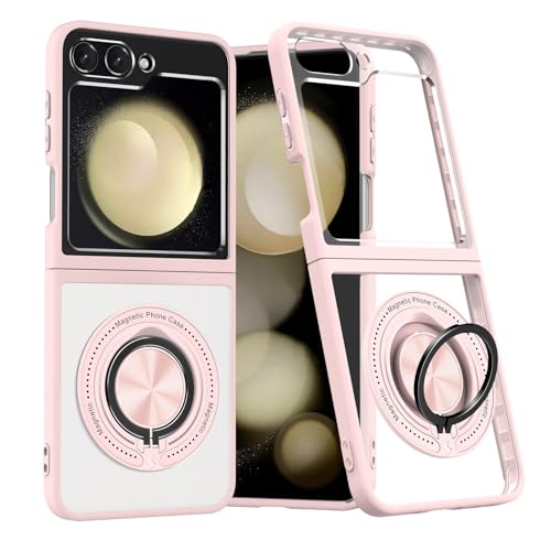 THMEIRA Magnetic Case for Samsung Galaxy Z Flip 5, [Compatible with MagSafe] Military Grade Shockproof Slim fit Samsung Z Flip 5 Phone Case with Magnetic Ring Kickstand, Clear Pink