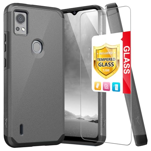TJS Compatible for Cricket Icon 5 Case (5th Version), AT&T Motivate 4 Case (4th Version), with Tempered Glass Screen Protector Dual Layer Hybrid (Magnetic Mount Friendly) Shockproof Phone Case (Gray)