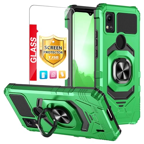 TJS Compatible for Cricket Icon 5 Case, AT&T Motivate 4 Case, with Tempered Glass Screen Protector, Metal Ring Magnetic Support Kickstand Heavy Duty Drop Protection Cover Phone Case (Green)