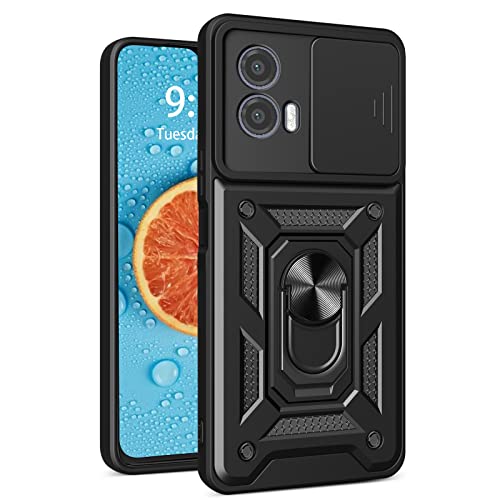 Tncavo Case for Motorola Moto G53 with Camera Cover, Heavy Duty Rugged Shockproof Protection Phone Cases with Ring Kickstand for Motorola Moto G53 SJ Black