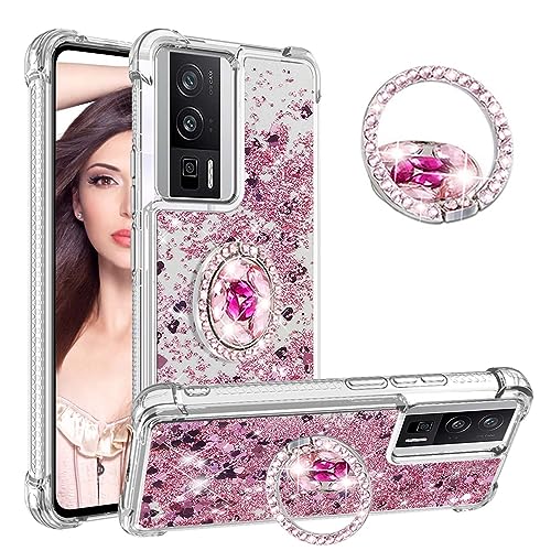 Tncavo for Xiaomi Poco F5 Pro 5G (Not F5) Case Cute for Woman, Moving Liquid Sparkle Glitter Cases with Diamond Ring Stand Soft Clear TPU Bumper Phone Cover for Xiaomi Poco F5 Pro 5G LSZ Rose Gold
