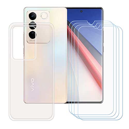 Transparent Cover for Vivo V27 Pro + [4 Pack] HD Tempered Glass, Silicone Shell TPU Bumper Protective Back Case - Scratch Screen Protector for Vivo V27 Pro (6,78")
