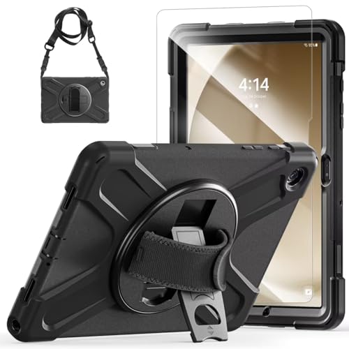TSQQST Samsung Galaxy Tab A9+ Plus Case 11 inch 2023 (SM-X210/X216/X218) for Kids with Screen Protector | Heavy Duty Shockproof Case w/Rotating Stand&Hand Strap for Galaxy Tab A9+ Plus Tablet -Black