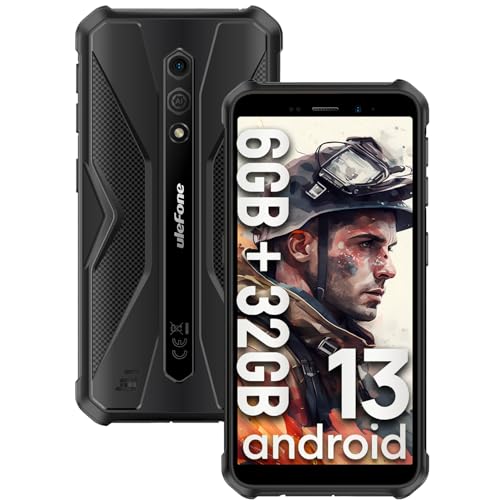 Ulefone Armor X12 Rugged Smartphone, Waterproof Phones Unlocked, Octa-core Android 13, 6GB+32GB, Dual SIM Global 4G LTE, 4860mAh Battery, Face Recognition, Bluetooth, NFC, Compass - Black