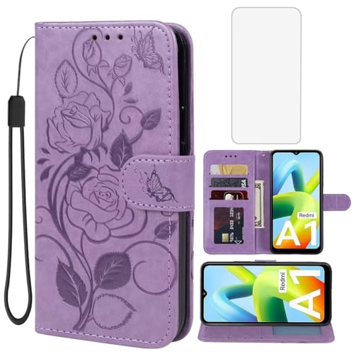 Vavies Case for Redmi A1 Plus Case, Redmi A1+/Redmi A2 Plus/Poco C51 Wallet Case with Tempered Glass Screen Protector, Flower Leather Flip Credit Card Holder Stand Phone Cover for Redmi A1 + Purple