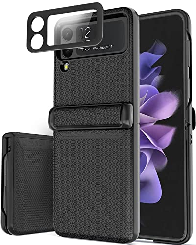 Vihibii for Samsung Galaxy Z Flip 3 Case, Thin Lightweight Non-Slip Galaxy Flip 3 5G Case with Hinge Protection & Camera Lens Screen Protector-Phone Case for Samsung Z Flip 3, Black