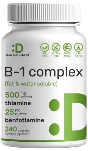 Vitamin B1 500mg with Benfotiamine, 240 Capsules – 2 in 1 Enhanced Formula – Fat & Water Soluble Thiamine B1 Supplement – Third Party Tested, Non-GMO, No Gluten