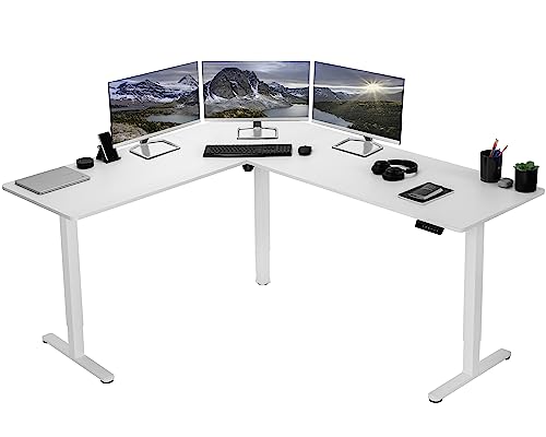 VIVO Electric Height Adjustable 75 x 63 inch Corner Stand Up Desk, White Table Top, White Frame, L-Shaped Standing Workstation, 3CT Series, DESK-E3CTW-75