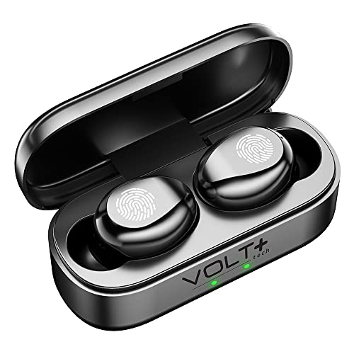 VOLT PLUS TECH Slim Travel Wireless V5.3 Earbuds Compatible with Tecno Phantom X2 Pro Updated Micro Thin Case with Quad Mic 8D Bass IPX4 Waterproof/Sweatproof (Black)