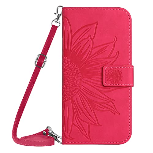 Wallet Case for Oppo Reno 7 Lite - with 1.5M Strap Sunflower Flip Leather Case Embossment Card Slot Shockproof Kickstand Magnetic Cover for Oppo Reno 7 Lite/Reno 8 Lite/Reno 7Z 5G [HT] -Hotred-T