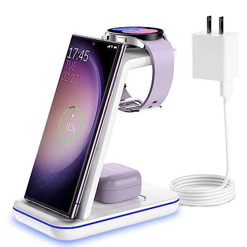 Wireless Charging Station for Samsung/Android, Fast Wireless Watch Charger Stand/Station Compatible for Samsung Galaxy S23+/S22/Z Flip 5/4 Fold 5/4, Watch6/5/Pro/4/Active 2/1 Galaxy Buds2 Pro (White)