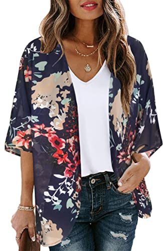 Women's Floral Print Puff Sleeve Kimono Cardigan Loose Cover Up Casual Blouse Tops（DarkNavy,M