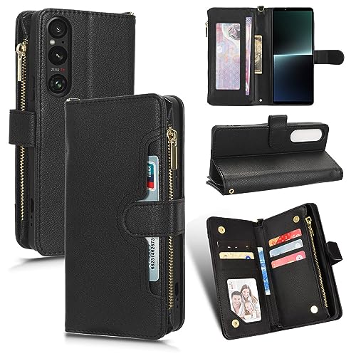 YJZSKRXFAK Magnetic Zipper Wallet Leather Case with Lanyard for Sony Xperia 1 V Cash Pocket with 6-8 Card Slots Holder Wrist Strap Cover for Sony Xperia 1 V Black