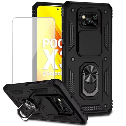 Yodueiv for Poco X3 NFC/Poco X3 Pro/Poco X3 Case with Tempered Glass Screen Protector and Slide Camera Cover, Magnetic Ring Car Mount Holder Kickstand Protective Cover for Xiaomi Poco X3 NFC Black
