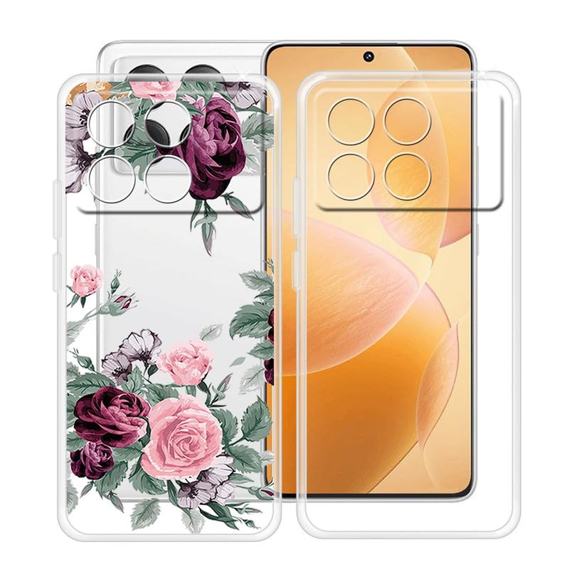 YQINHHME Phone Case for Xiaomi Redmi K70 Pro (6.67"), 2 Pack Ultra-Thin Silicone Shell, [Anti-Yellowing X Shockproof] Soft TPU Clear Cover for Xiaomi Redmi K70 Pro - Clear + Red Rose