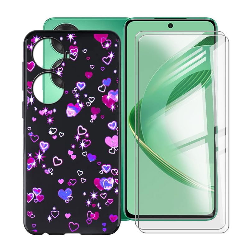 YQINHHME Shockproof Phone Case for Huawei nova 11 SE (6.67") + 2 Pack Tempered Glass Protective Film, Slim Soft Silicone Shell Anti Scratch TPU Cover for Huawei nova 11 SE - Love Bubbles