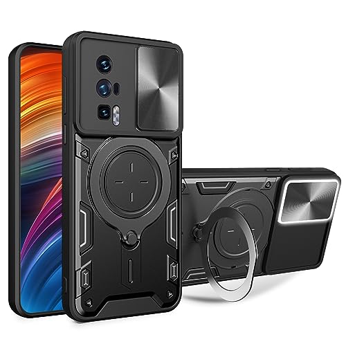 Ysnzaq Armor Case for Xiaomi Poco F5 Pro 6.67", Lens Sliding Phone Cover with Magnetic Coil Bracket for Xiaomi Poco F5 Pro CQ Black