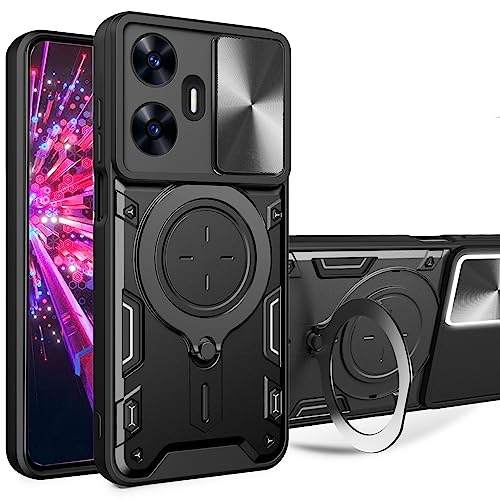Ysnzaq Case for Oppo Realme C55 4G with Ring Magnetic Kickstand, [Military Grade Drop Protection] with [Sliding Camera Cover] for Oppo Realme C55 4G 6.72" CQ Black