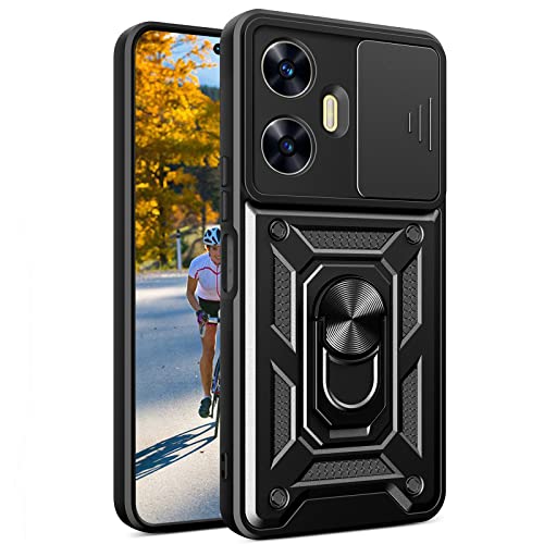 Ysnzaq Military Grade Heavy Duty Shockproof Case for Oppo Realme C55 4G 6.72", Sliding Window Lens Protective with Swivel Stand Phone Cover for Oppo Realme C55 4G SJ Black