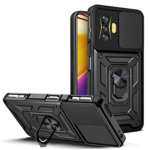 Ysnzaq Military Grade Heavy Duty Shockproof Phone Case for Xiaomi Redmi K50 Gaming/Poco F4 GT, Sliding Window Lens Protection with Magnetic Car Bracket Phone Cover for Xiaomi Poco F4 GT SJ Black