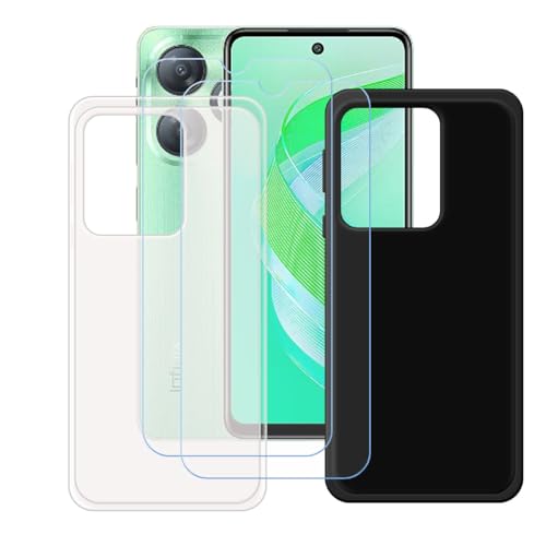 YZKJSZ Case for Infinix Smart 8 Cover + 2 x Screen Protector Tempered Glass Protective Film - Soft Gel Semi-Transparent + Black TPU Silicone Protection Case for Infinix Smart 8 (6.6")