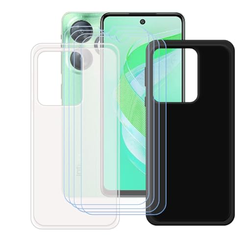 YZKJSZ Case for Infinix Smart 8 Cover + 4 x Screen Protector Tempered Glass Protective Film - Soft Gel Semi-Transparent + Black TPU Silicone Protection Case for Infinix Smart 8 (6.6")