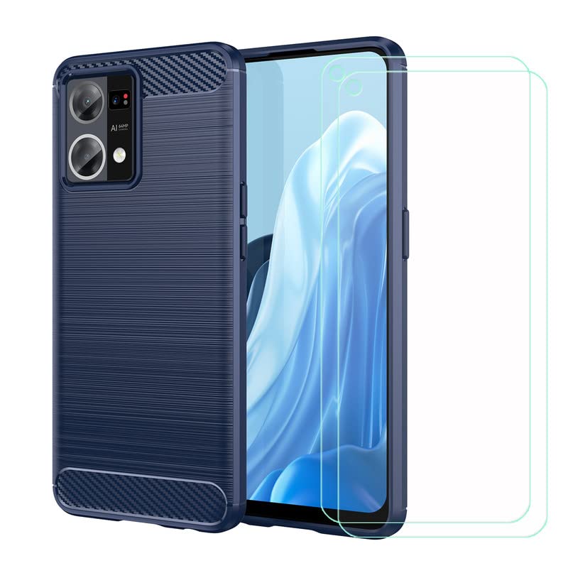 YZKJSZ Case for Oppo Reno 7 4G + [2 Pack] Screen Protector Tempered Glass Protective Film - Soft Gel Carbon Fiber TPU Silicone Case Cover for Oppo Reno 7 4G (6.43") - Blue