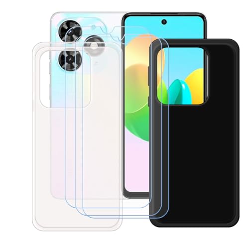 YZKJSZ Case for Tecno Spark 20C Cover + 3 x Screen Protector Tempered Glass Protective Film - Soft Gel Semi-Transparent + Black TPU Silicone Protection Case for Tecno Spark 20C (6.6")