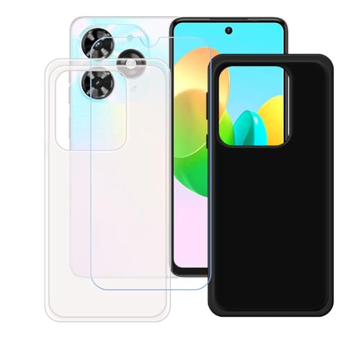 YZKJSZ Case for Tecno Spark 20C Cover + Screen Protector Tempered Glass Protective Film - Soft Gel Semi-Transparent + Black TPU Silicone Protection Case for Tecno Spark 20C (6.6")