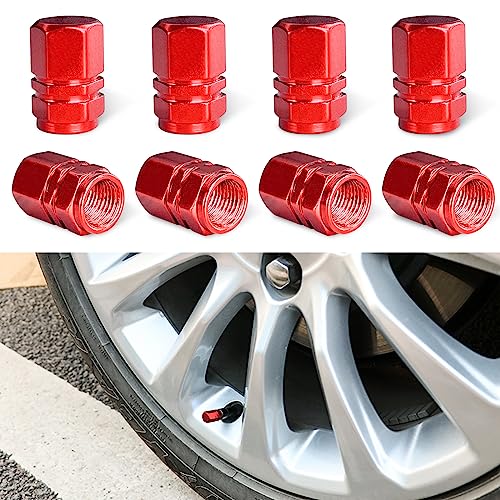 Zicine 8 PCS Car Tire Valve Stem Caps, Aluminum Alloy Wheel Valve Covers with Rubber O-Ring, Corrosion Resistant Leak-Proof Tire Air Cap Set, Universal for SUV, Truck, Motorcycle, Bike (Red)