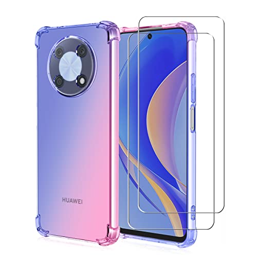 ZMONE for Huawei Nova Y90 Case with Tempered Glass Screen Protector [2 Pack], Clear Gradient Soft TPU Bumper Slim Anti-Scratch Shockproof Protective Cover - Blue/Pink