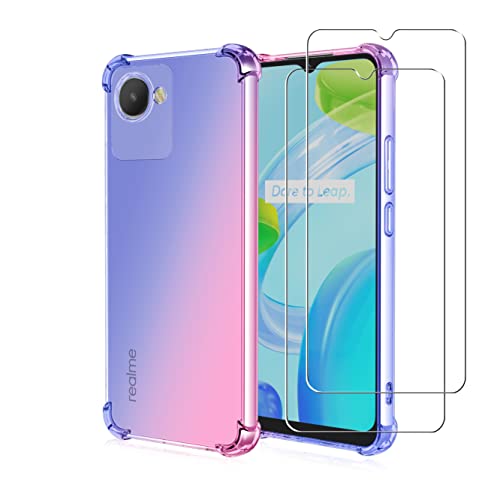 ZMONE for Realme C30 Case with Tempered Glass Screen Protector [2 Pack], Clear Gradient Soft TPU Bumper Slim Anti-Scratch Shockproof Protective Cover - Blue/Pink