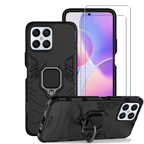 ZMONE Phone Case for Honor X8 4G Case with Glass Screen Protector [2 Pack] Heavy Duty Dual Layer Military Grade Shockproof Protective Cover with Magnetic Ring Kickstand - Black