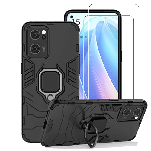 ZMONE Phone Case for Oppo Reno 7 5G Case with Glass Screen Protector [2 Pack] Heavy Duty Dual Layer Military Grade Shockproof Protective Cover with Magnetic Ring Kickstand - Black