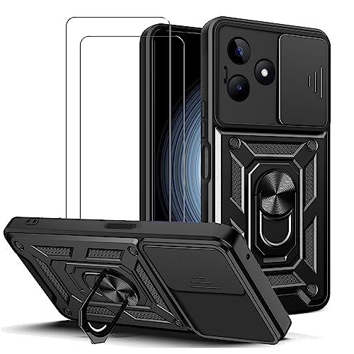 ZMONE Phone Case for Realme C53 Case with Glass Screen Protector, [2 Pack] Built Slide Camera Protection Cover,Military Heavy Duty Full Body Protective Phone Case - Black