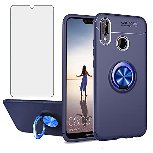Asuwish Compatible with Huawei Y7 2019 / Y7 Prime Case and Tempered Glass Screen Protector Cell Accessories Stand Kickstand Ring Holder Soft TPU Phone Covers for Hawaii 7Y Pro Dub-LX3 Women Men Blue