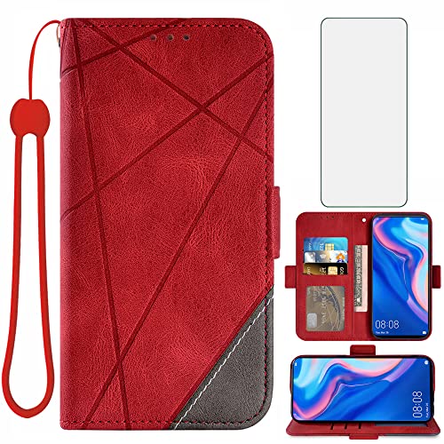Asuwish Compatible with Huawei Y9 Prime 2019/Honor 9X/P Smart Z Wallet Case and Tempered Glass Screen Protector Leather Flip Cover Card Holder Cell Phone Cases for Hawaii Enjoy 10 Plus Women Men Red
