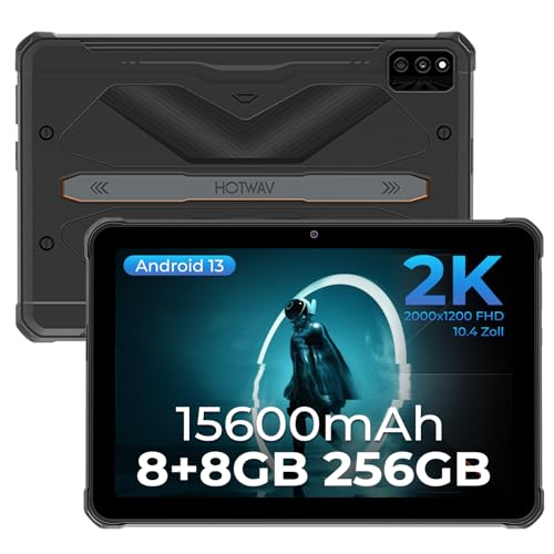 HOTWAV R6 Ultra Rugged Tablet Android 13, 10.4" 2K FHD+ Screen 15600mAh Outdoor Tablet, Helio P60 Octa-Core 16+256GB(2TB Expandable), 16+16MP Camera IP68/IP69K Tablet PC, 4G Dual SIM/5G WiFi/BT5.3/GPS