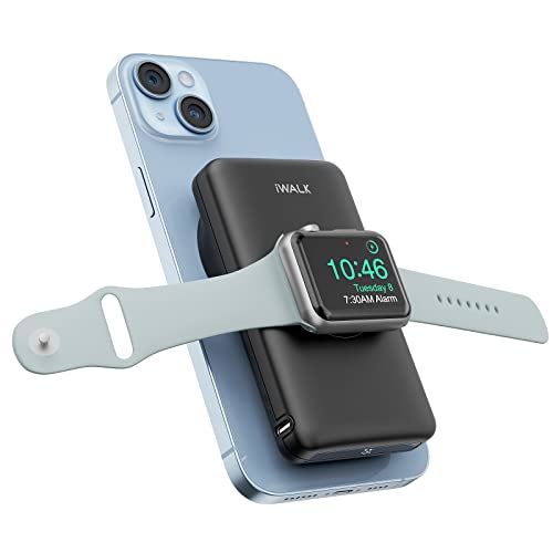 iWALK MAG-X Magnetic Wireless Power Bank with iWatch Charger,10000mAh PD Fast Charging Portable Charger Compact Battery Pack Compatible with iPhone 15/14/13/12 Series,Apple Watch Ultra/8/7/6/5/4