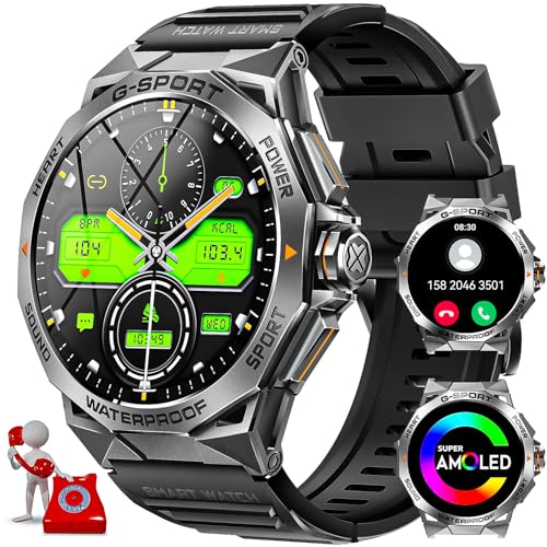 JELLOO Military Smart Watch for Men(Call Receive/Dial) 1.43" AMOLED Android Smart Watch with Heart Rate Sleep Monitor Waterproof Outdoor Rugged Tactical Smartwatch with 110+ Sports Modes