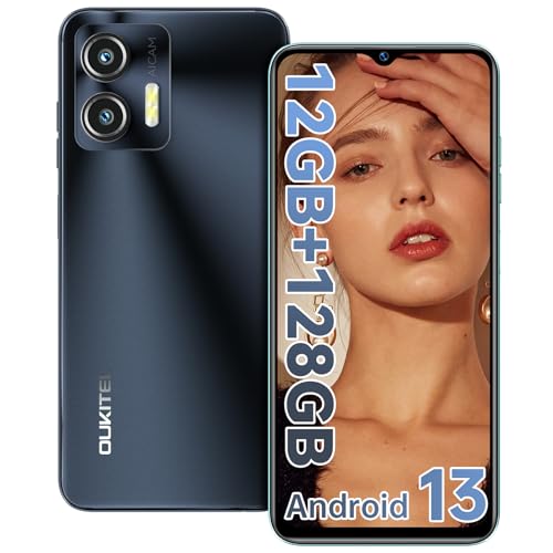 OUKITEL C36 Unlocked Cellphone(2023 Latest), 12GB+128GB, Octa-Core, 6.56'' HD+ Screen Mobile Phone, Android 13 Ultra Slim Smartphone, 5150mAh Battery, 4G Dual SIM/Fingerprint Unlock/Face ID/GPS,Black
