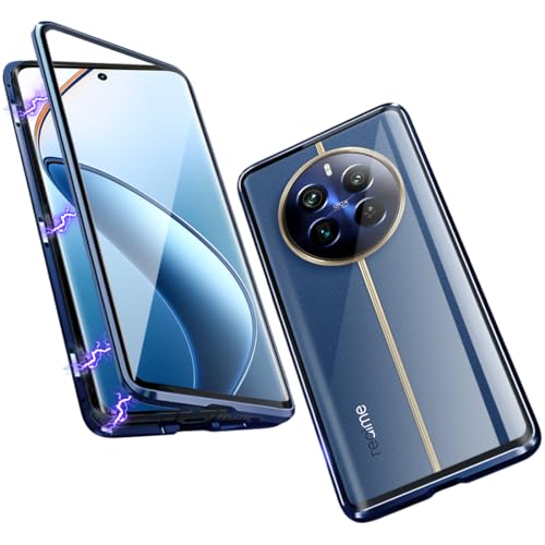QUIETIP Case Compatible with Realme 12 Pro & 12 Pro+ Plus 5G,Magnetic Body Metal Frame Double Sided Clear Tempered Glass Shockproof Cover,Blue