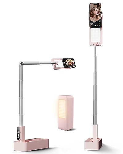 Viozon Extendable Selfie Phone Stand,Overhead Mount,Selfie Light,360° Rotation Rechargeable Wireless Foldable 5 Brightness&3 Color LED Light for Recording/Live Streaming/YouTube/Tiktok/Photography- P