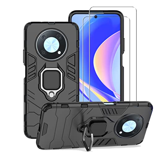 ZMONE Phone Case for Huawei Nova Y90 Case with Glass Screen Protector [2 Pack] Heavy Duty Dual Layer Military Grade Shockproof Protective Cover with Magnetic Ring Kickstand - Black